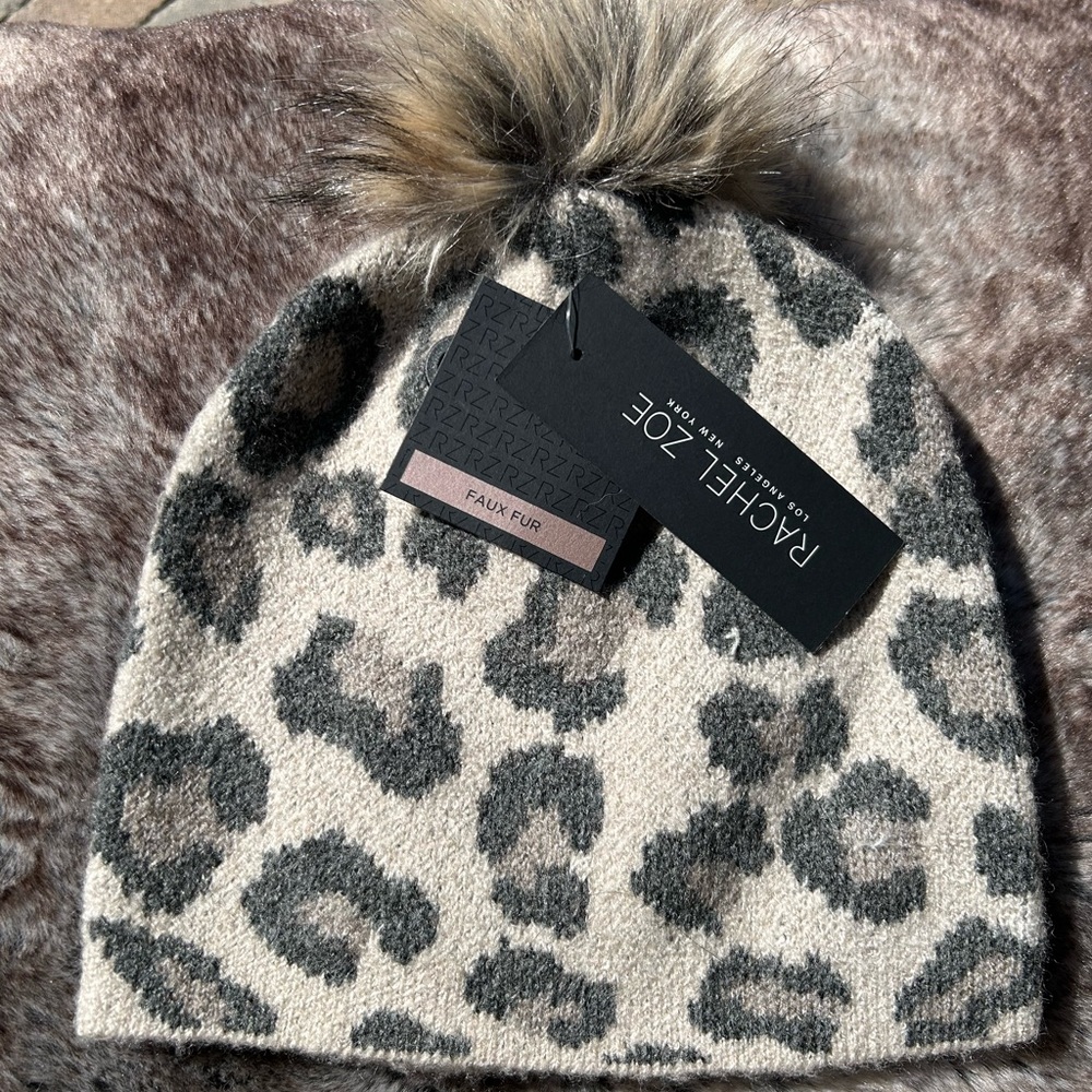 NWT: Rachel Zoe Tan and Black Wool Blend faux fur beanie